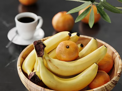 Fresh Ripe Bananas and Juicy Oranges in Natural Wooden Bowl on Table 3d model