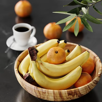 Fresh Ripe Bananas and Juicy Oranges in Natural Wooden Bowl on Table 3d model
