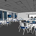 School Modern Classroom With White Desks Blue Chairs Laptops And Large Display Screens