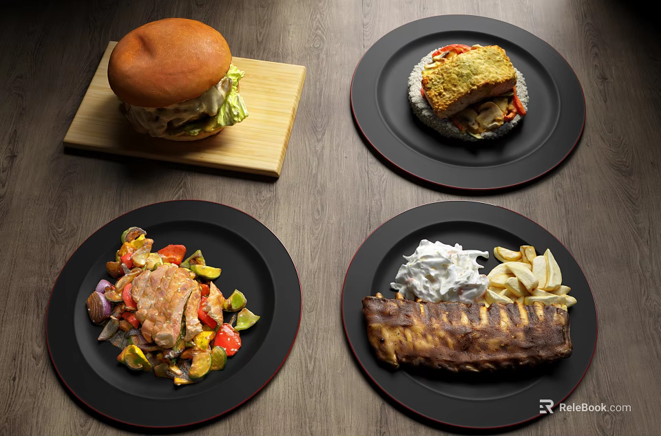 Delicious Food Platter Featuring Hamburger Fried Fish Meat Vegetables Ribs Fries And Sour Cream 3d model 