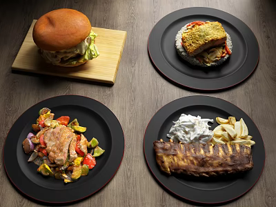 Delicious Food Platter Featuring Hamburger Fried Fish Meat Vegetables Ribs Fries And Sour Cream 3d model