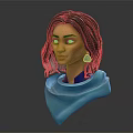 Female Character Bust Sculpture With Wavy Brown Hair Green Eyes Teal Earrings And Blue Shawl