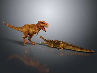 3D Models of Standing T-Rex and Lying Crocodile on Gray Background With Reflective Surface 3d model