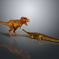3D Models of Standing T-Rex and Lying Crocodile on Gray Background With Reflective Surface