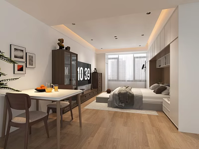 Modern Apartment Interior With Wooden Flooring White Walls Natural Light Dining Table And Bed 3d model