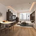 Modern Apartment Interior With Wooden Flooring White Walls Natural Light Dining Table And Bed