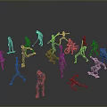 Game Movie Characters Gray Humanoid Models in Various Poses Arranged in Circle on Gray Background
