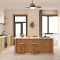 Modern Kitchen Interior With Wooden Island Countertop Stools White Cabinets And Natural Light