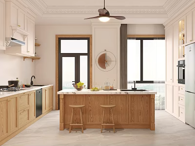 Modern Kitchen Interior With Wooden Island Countertop Stools White Cabinets And Natural Light 3d model