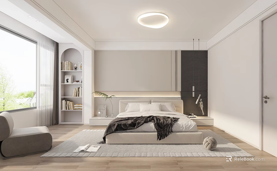 Modern Minimalist Bedroom With Bed Bookshelf And Ceiling Light 3d model 