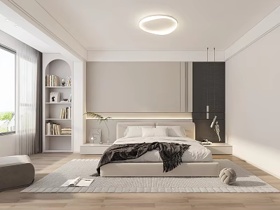 Modern Minimalist Bedroom With Bed Bookshelf And Ceiling Light 3d model