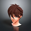 Male 3D Head with Brown Hair and Blue Eyes on Gray Black Gradient Reflective Surface
