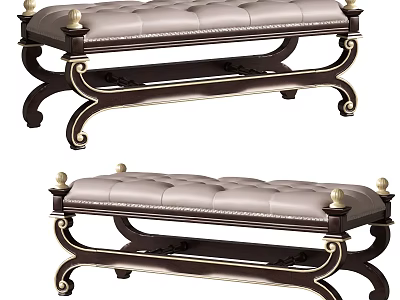 Elegant Tufted Bed Bench With Dark Wooden Frame And Gold Decorative Accents 3d model