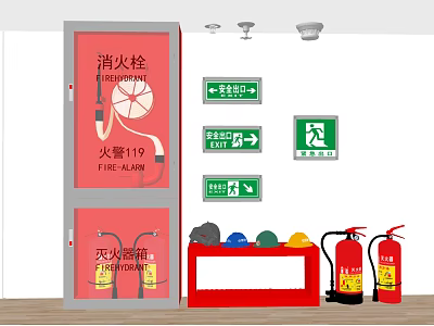 Essential Fire Equipment with Wall Mounted Hydrant Portable Extinguishers and Safety Signs 3d model