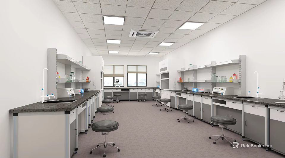 Modern Laboratory Interior With Lab Benches Stools Shelves Windows And Equipment 3d model 