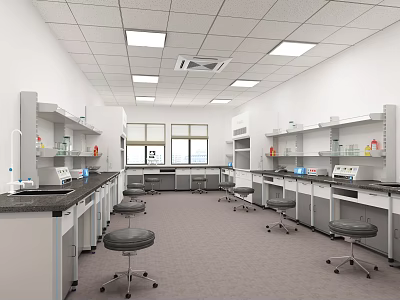Modern Laboratory Interior With Lab Benches Stools Shelves Windows And Equipment 3d model