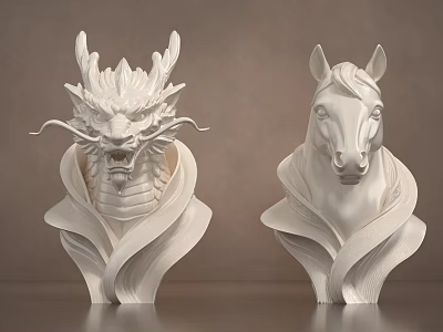 White Dragon And Horse Head Sculpture Carving With Wavy Base Design 3d model