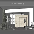 Fashion Clothing Store Window Display With Mannequins Hanging Clothes And Decorative Rocks