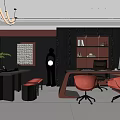 Modern Luxury Office Interior With Black Orange Desks Office Chairs Bookshelf Green Plant And Chandelier