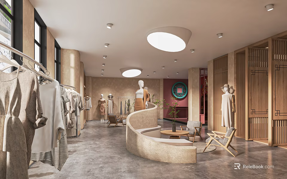 Modern Clothing Store Interior With Clothes Racks Mannequins Curved Sofa Round Lights And Wooden Accents 3d model 