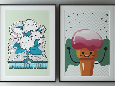Cartoon Decorative Paintings With Clouds Animals Imagination Text And Ice Cream Design 3d model