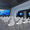 Modern Corporate Exhibition Hall Interior With White Chairs Large Screen And Blue Lighting