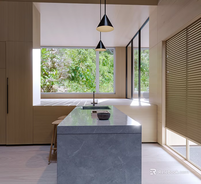Modern Kitchen with Marble Island Wooden Cabinets Pendant Lights Green Plants and Blinds Near Window 3d model 