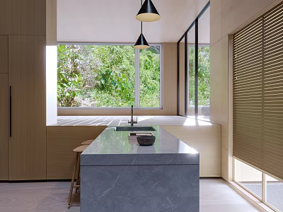 Modern Kitchen with Marble Island Wooden Cabinets Pendant Lights Green Plants and Blinds Near Window 3d model