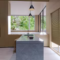 Modern Kitchen with Marble Island Wooden Cabinets Pendant Lights Green Plants and Blinds Near Window