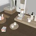 Wooden Table Organized With Laundry Daily Use Products Woven Baskets Bottles Candles And White Containers