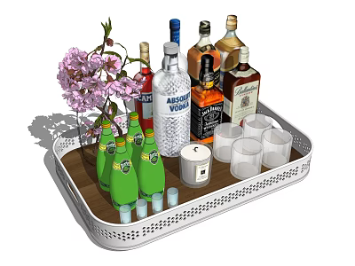 White Perforated Tray With Assorted Liquor Bottles Glasses Green Bottles Pink Cherry Blossoms And Candle 3d model