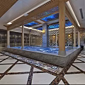 Luxurious SPA Sauna Interior With Wooden Frame Water Pool Blue Lighting And Marble Floor