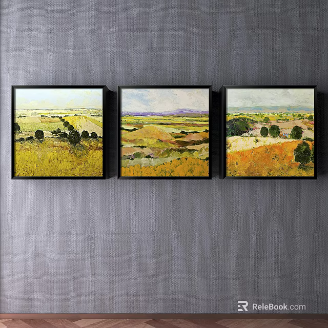 Three Panel Landscape Paintings With Yellow Fields Green Trees And Orange Hills 3d model