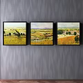Three Panel Landscape Paintings With Yellow Fields Green Trees And Orange Hills 3d model