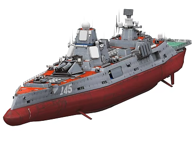 Modern Military Warship With Gray Hull Red Bottom Number 145 And Radar Systems 3d model