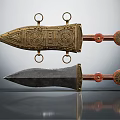Ancient Dagger Sharp Blade With Ornate Gold Carved Sheath Ring And Red Handle 3d model