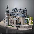 Historic Castle Architecture With Spired Towers Blue Roofs Stone Walls And Green Courtyard
