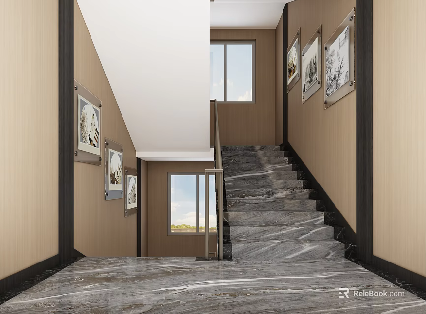 Modern Staircase Hall With Marble Floor Framed Paintings And Windows 3d model