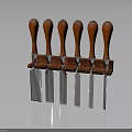Six Kitchen Knives With Wooden Handles And Metal Blades In Storage Rack