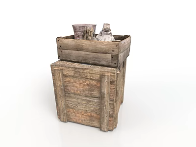 Stacked Wooden Crates With Clay Pots And Stones Inside Top Container 3d model