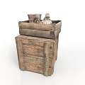 Stacked Wooden Crates With Clay Pots And Stones Inside Top Container