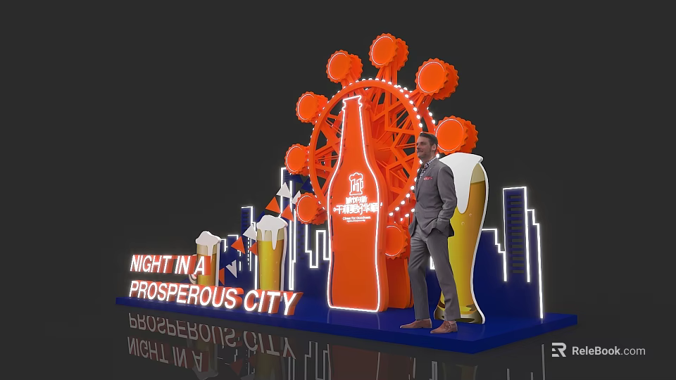 Large Orange Beer Bottle Decorative Display With Ferris Wheel Neon Sign And City Skyline 3d model 
