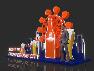 Large Orange Beer Bottle Decorative Display With Ferris Wheel Neon Sign And City Skyline 3d model