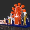 Large Orange Beer Bottle Decorative Display With Ferris Wheel Neon Sign And City Skyline