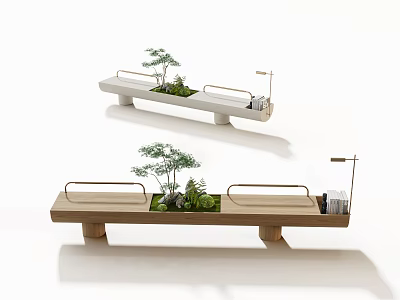 Modern Minimalist Wooden Tea Table and Chairs With Green Plants Tea Set and Small Lamp 3d model