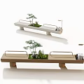 Modern Minimalist Wooden Tea Table and Chairs With Green Plants Tea Set and Small Lamp
