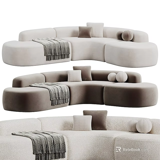 Modern Sectional Sofa with Curved Design and Soft Fabric Featuring Cushions Pillows and Throw Blanket 3d model 