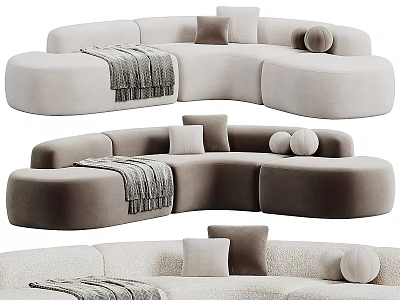 Modern Sectional Sofa with Curved Design and Soft Fabric Featuring Cushions Pillows and Throw Blanket 3d model