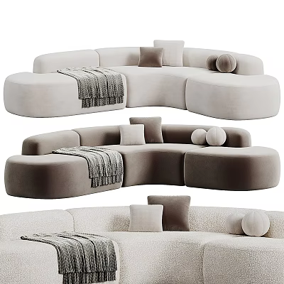 Modern Sectional Sofa with Curved Design and Soft Fabric Featuring Cushions Pillows and Throw Blanket 3d model