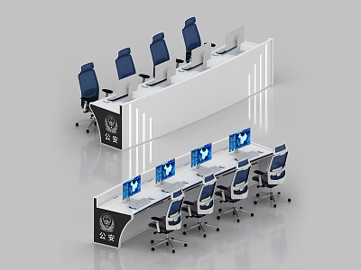 Public Security Monitoring Room Setup With Console Monitors And Ergonomic Chairs 3d model